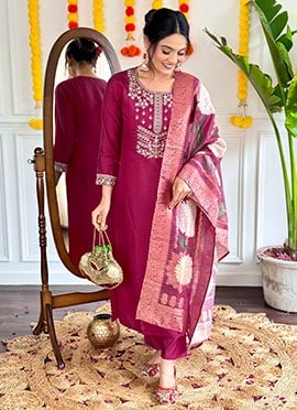 Burgundy Viscose Chanderi Embroidered Straight Pant Suit With Jacquard Dupatta