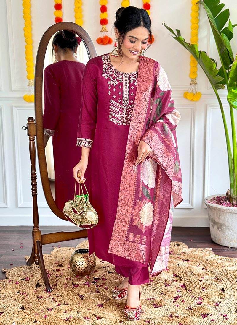 Burgundy Viscose Chanderi Embroidered Straight Pant Suit With Jacquard Dupatta After Six Wear