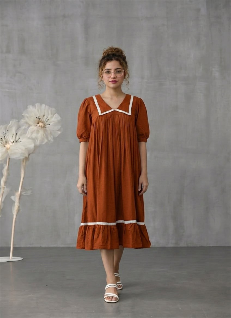 Burnt Orange Cotton Gathered Midi Dress With Contr After Six Wear