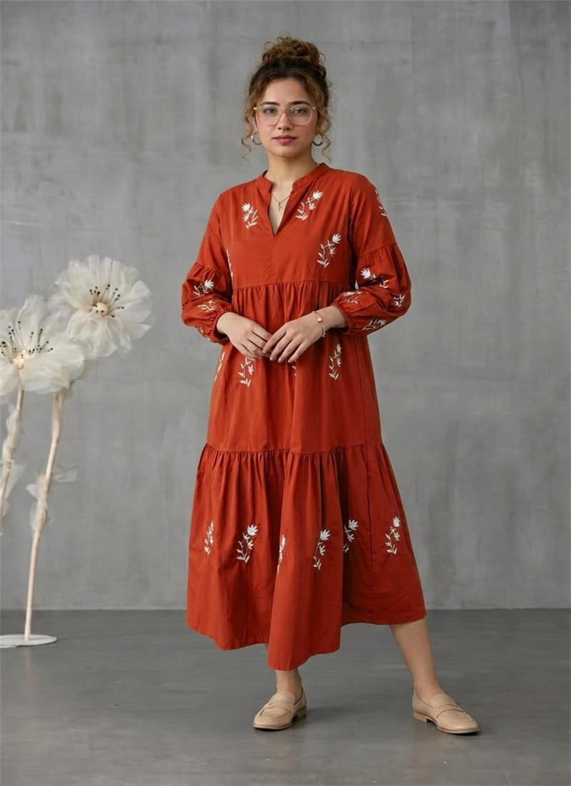 Burnt Orange Muslin Tiered Midi Dress With Embroid After Six Wear
