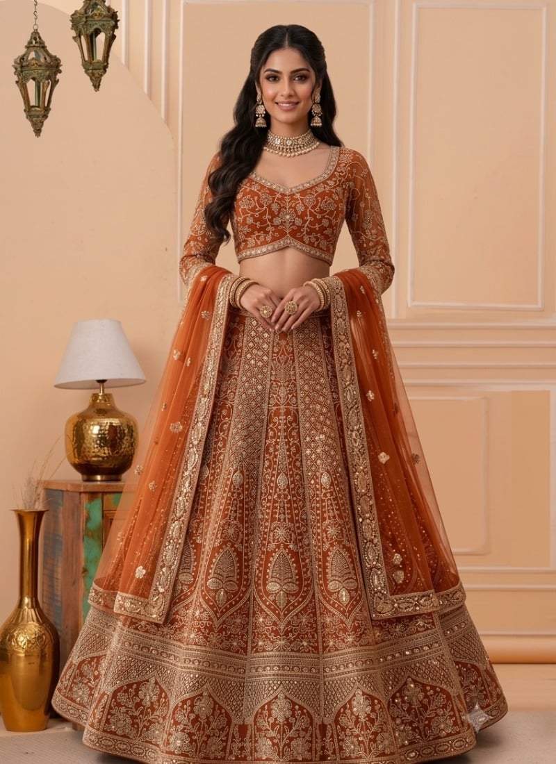 Burnt Orange Net Sequins Embroidered Lehenga After Six Wear