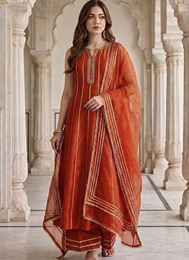 Burnt Orange Silk Zari Sequins A Line Anarkali Palazzo Suit
