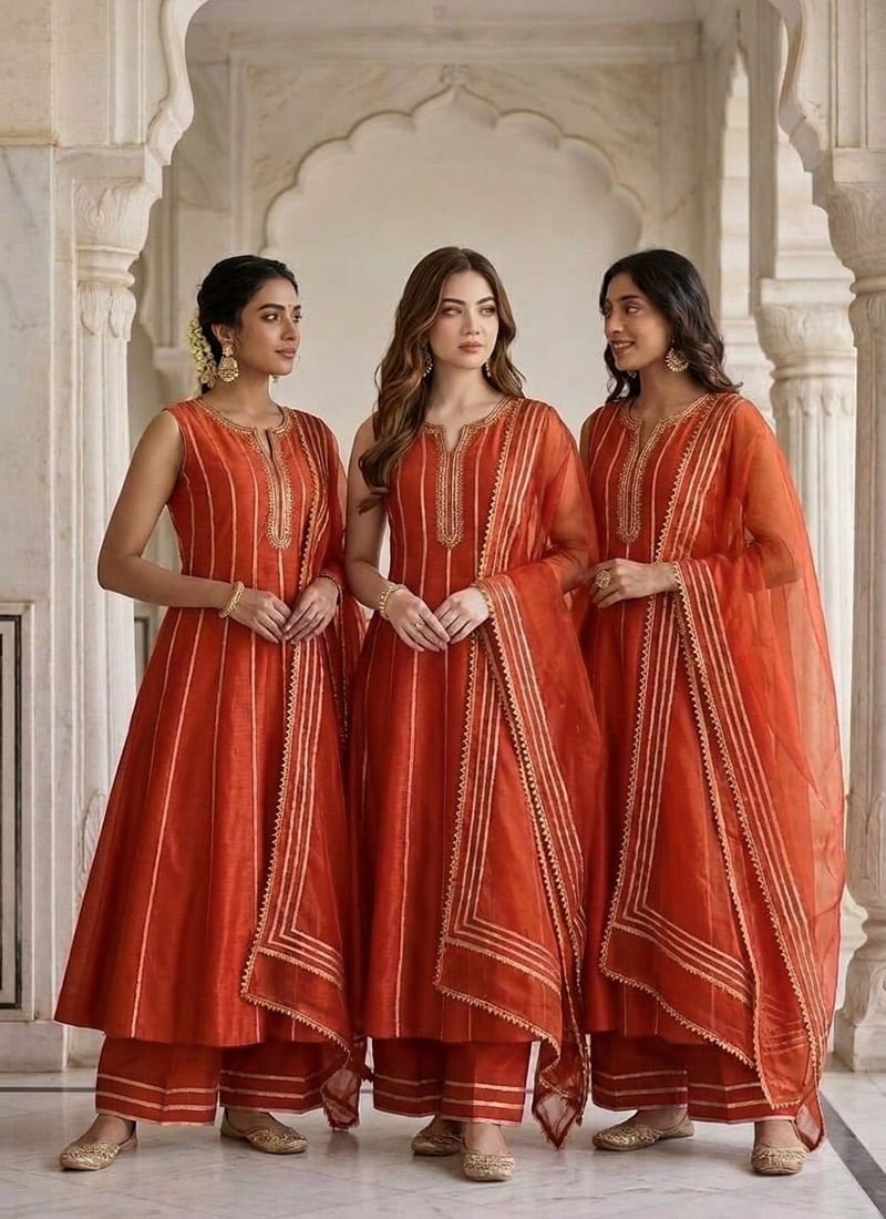 Burnt Orange Silk Zari Sequins A Line Anarkali Palazzo Suit Festive Wear