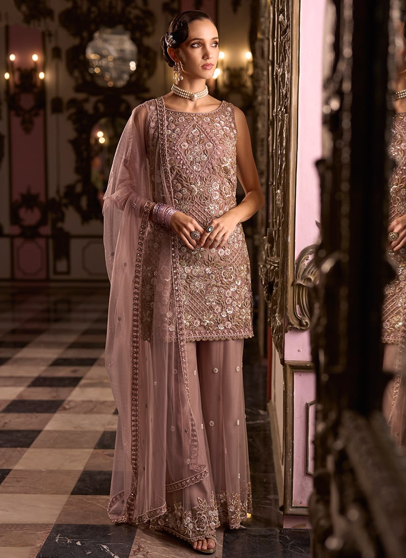 Cafe Rose Embroidered Sequin Soft Net Palazzo Suit Festive Wear