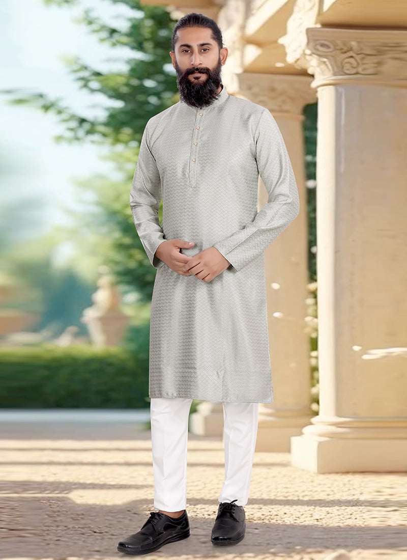 Calm Mint Blue Jacquard Silk Kurta Pyjama Festive Wear