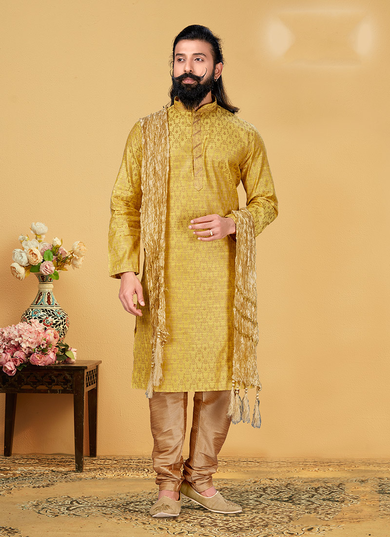 Canary Yellow Jacquard Silk Kurta Pyjama Party Wear