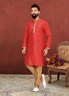 Candy Red Benarasi Dupion Silk Kurta Pyjama