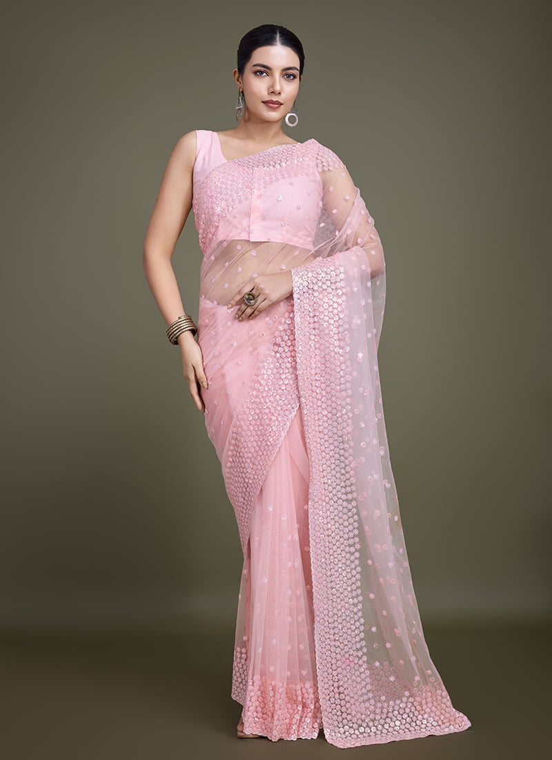 Captivating Couture In Light Pink Net Embroidered Sequins Saree Festive Wear