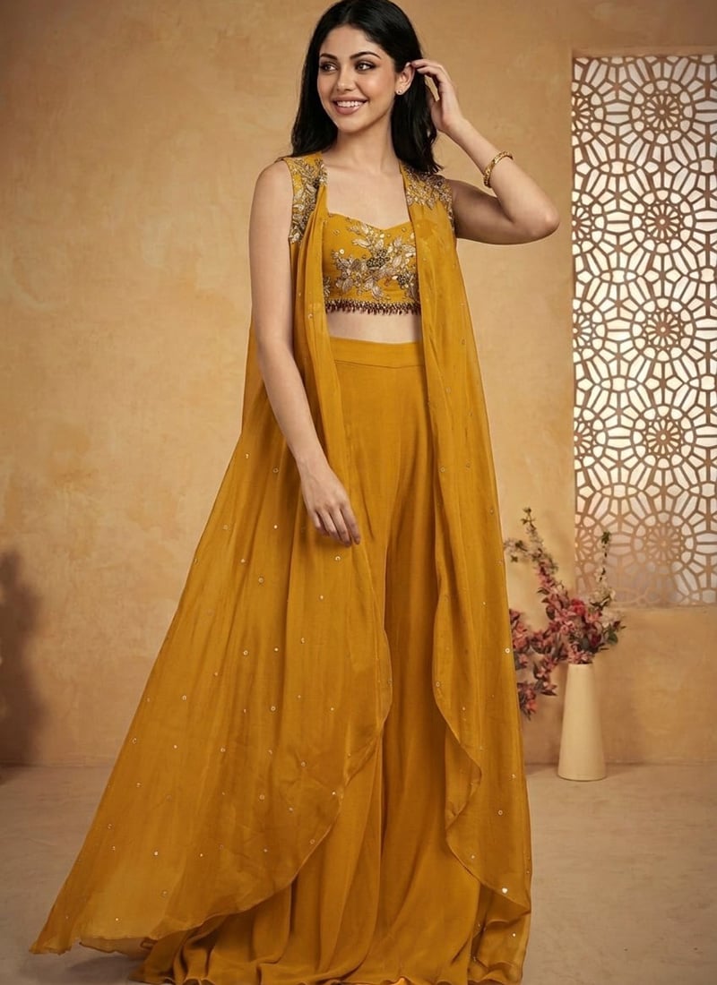 Captivating Mustard Yellow Faux Georgette Zari Stones Beads Sequins Indo Western Set Wedding Wear