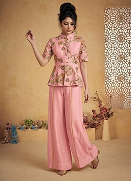 Captivating Pink Silk Zari Resham Embroidered Indowestern Set And Suit