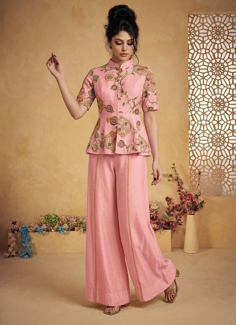 Captivating Pink Silk Zari Resham Embroidered Indowestern Set And Suit Wedding Wear