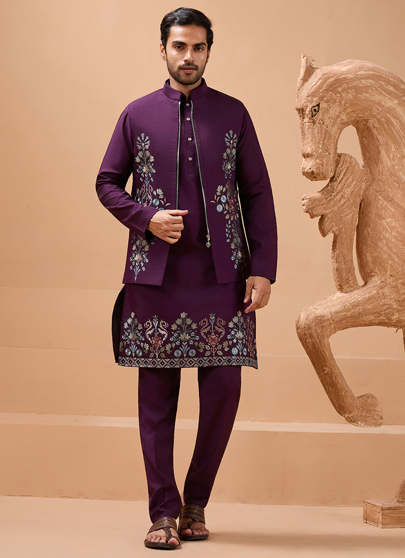 Captivating Purple Viscose Silk Embroidered Sequins Thread Bandi Set Wedding Wear