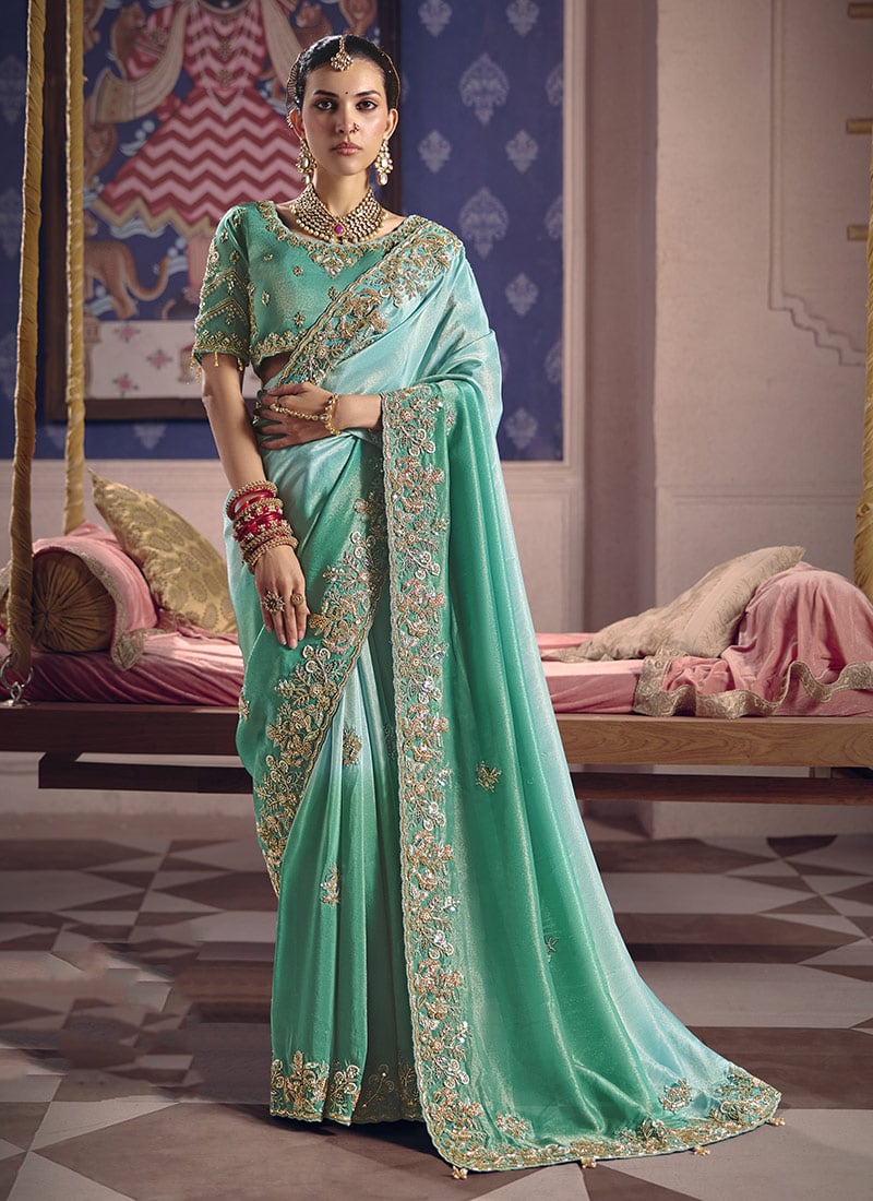 Captivating Rama Shahed Viscose Tissue Beads Embroidered Sequins Saree Wedding Wear