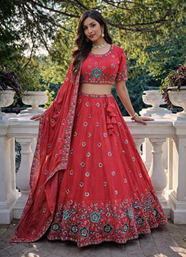 Captivating Red Silk Sequins Embroidered Umbrella Lehenga