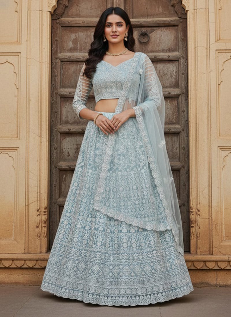 Captivating Sky Net Heavy Thread Embroidery Work Umbrella Lehenga After Six Wear