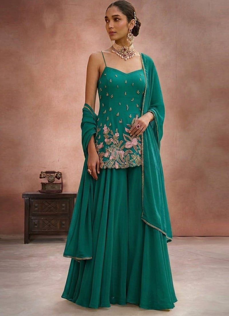 Captivating Teal Faux Georgette Zari Resham Sequins Palazzo Suit Festive Wear