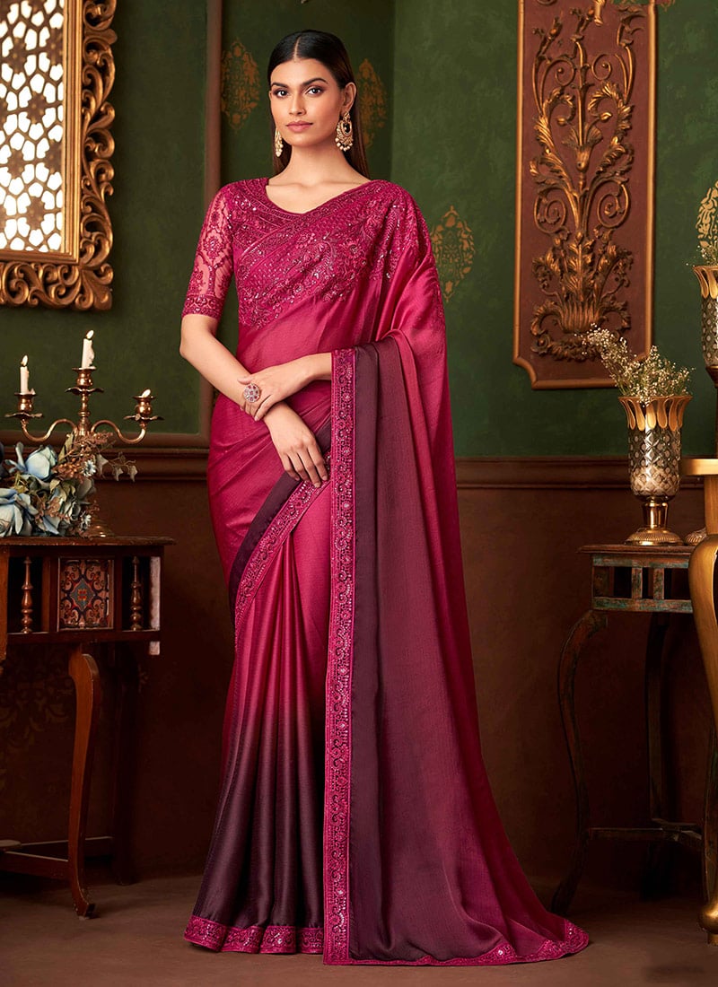 Captivating Wine Chiffon Zari Embroidered Sequins Saree Wedding Wear