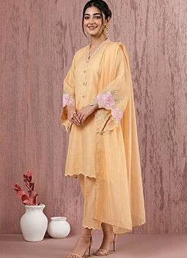 Captivating Yellow Satin Blend Embroidered Resham Straight Pant Suit