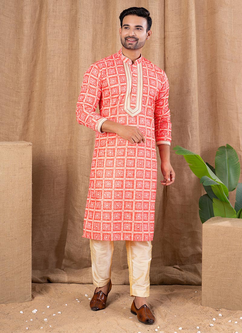 Carrot Red Silk Digital Print Kurta Pyjama