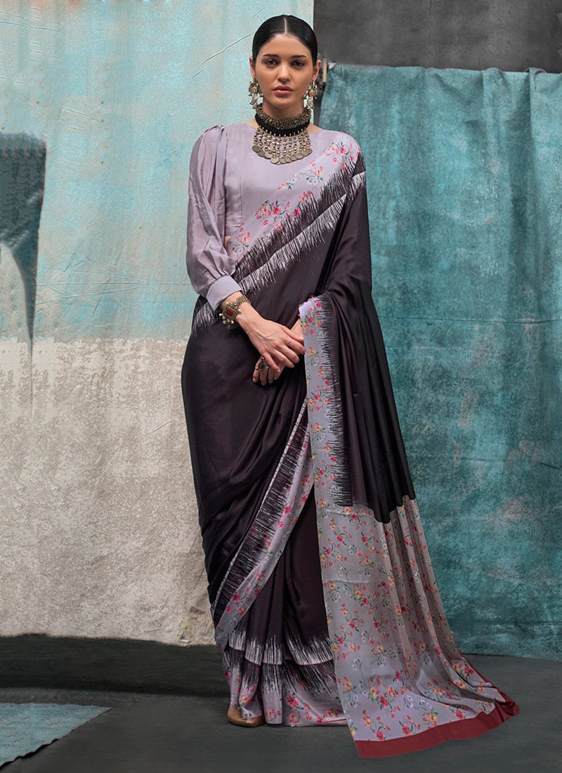 Casual Dark Wine Faux Crepe Digital Print Saree After Six Wear