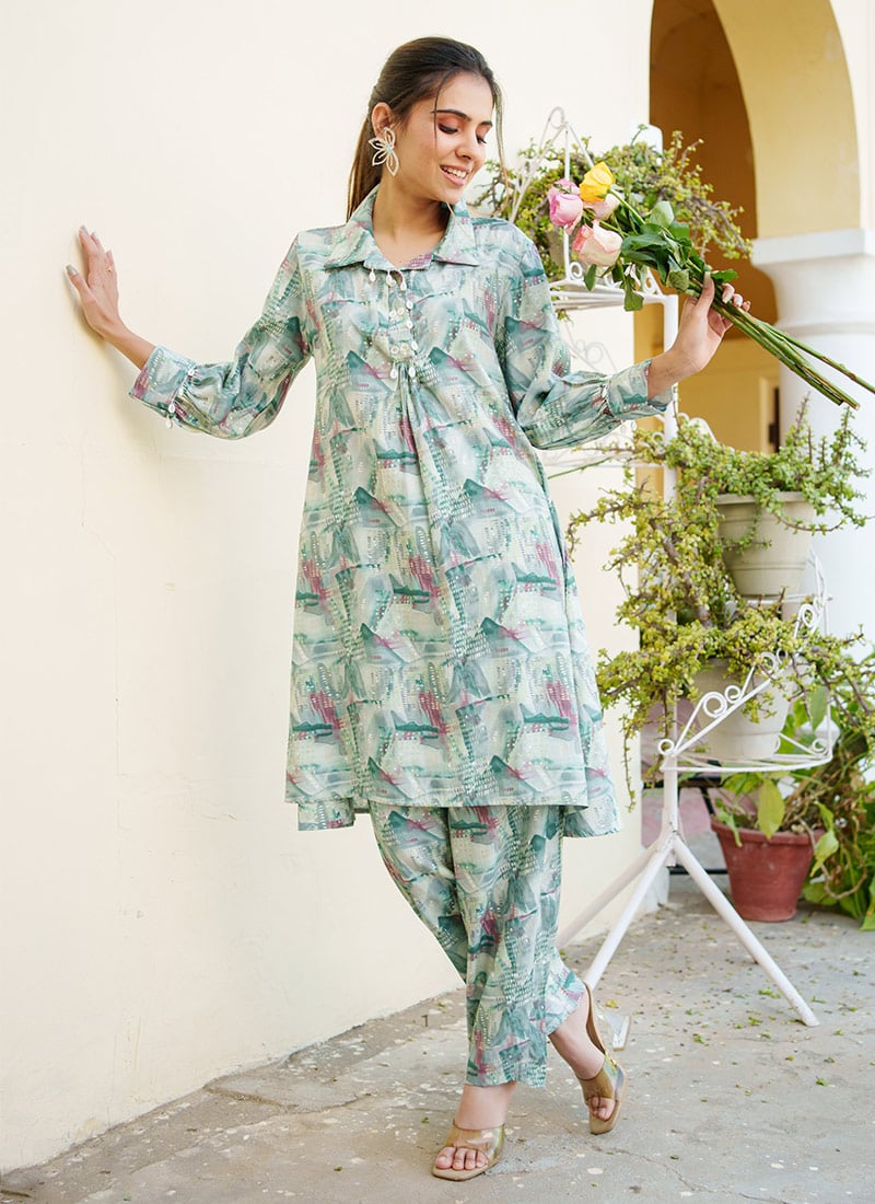Casual Mint Green Pure Modal Muslin Floral Print Co ord sets After Six Wear
