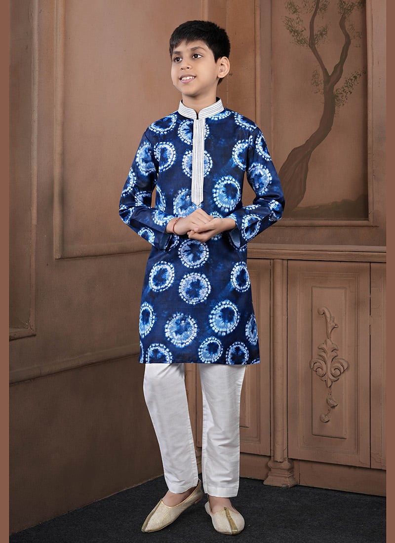 Casual Navy Blue Cotton Printed Kids Boys Kurta Pyjama Festive Wear