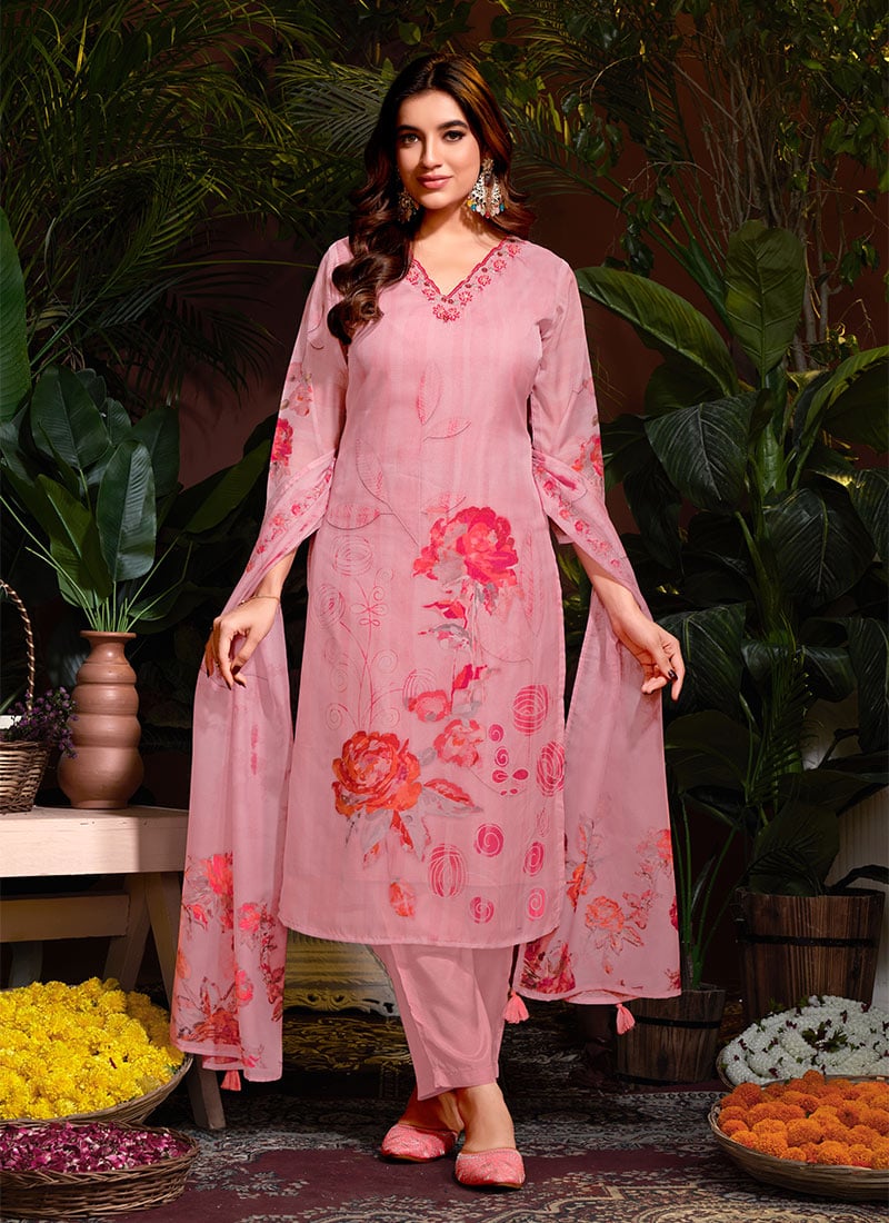 Casual Pink Organza Floral Digital Print Embroidered Straight Pant Suit After Six Wear