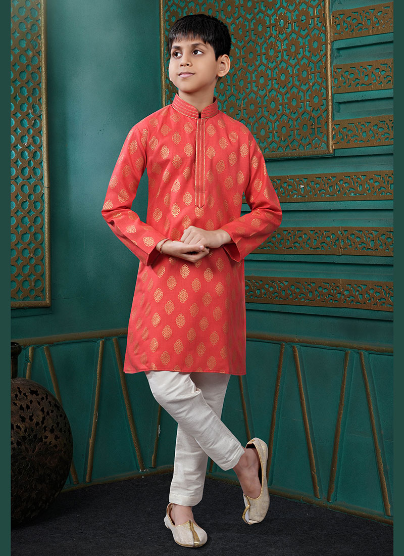 Casual Salmon Red Cotton Foil Print Kids Boys Kurta Pyjama Festive Wear