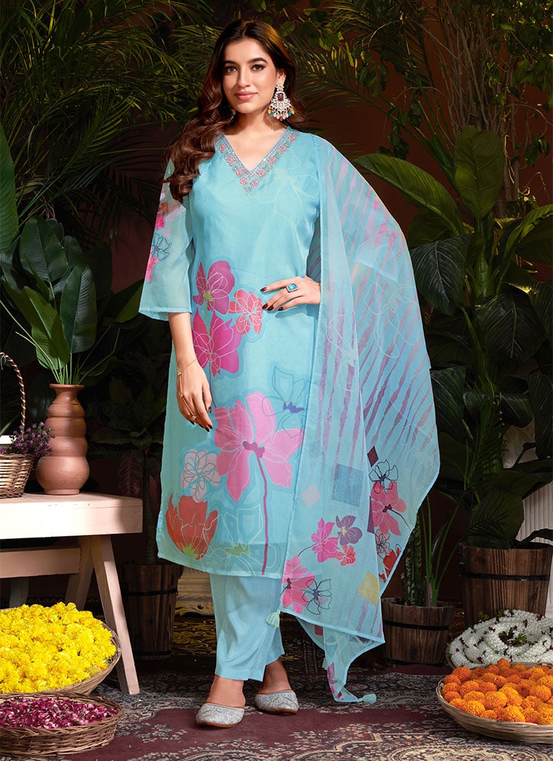 Casual Sky Blue Organza Floral Digital Print Embroidered Straight Pant Suit After Six Wear