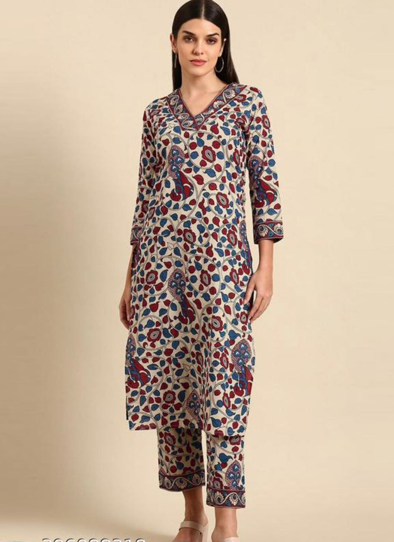 Casual Wear Off White Cotton Printed Kurta Straight Pant Set After Six Wear