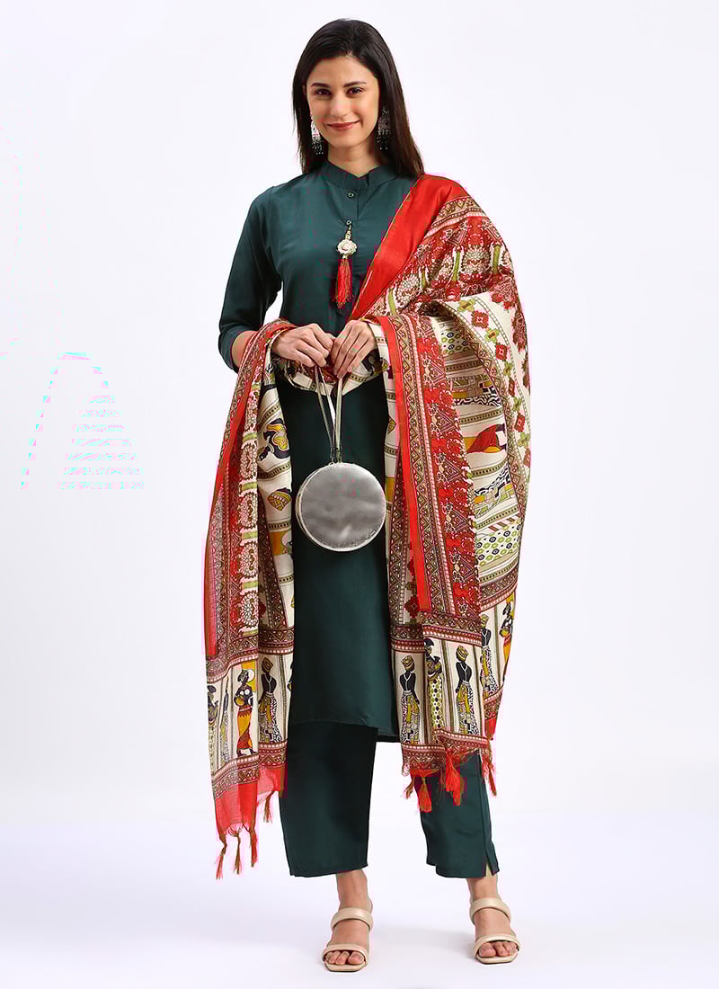 Casual Wear Teal Cotton Straight Pant Suit With Printed Khadi Dupatta After Six Wear