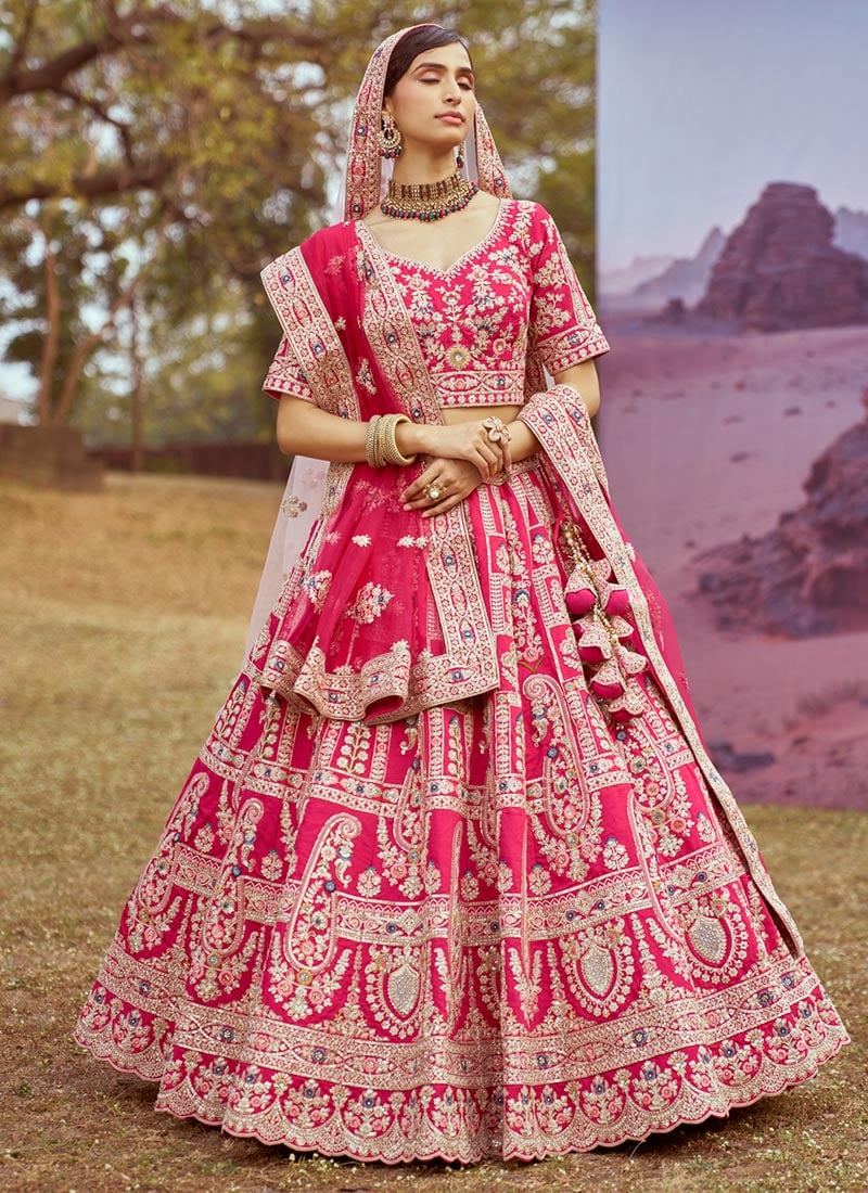 Celebrate Elegance In A Pink Silk Zarkan Embroidered Moti Work Lehenga Wedding Wear-GHSPF6059PI