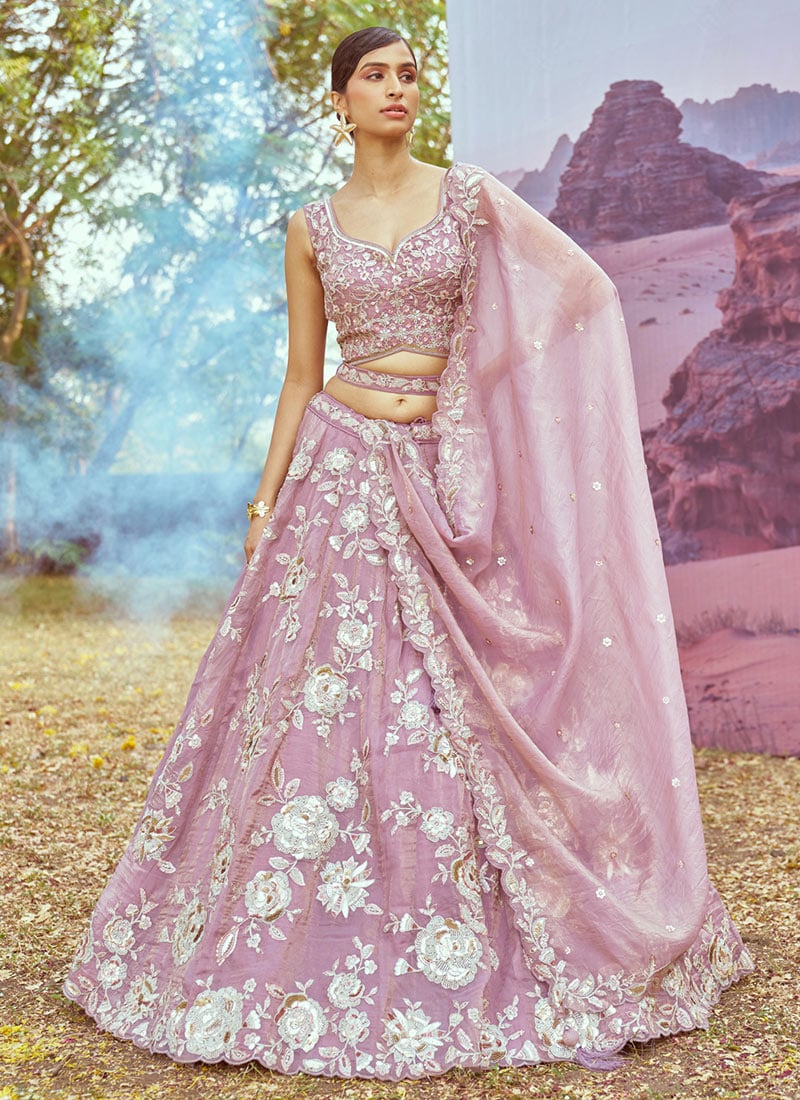 Celebrate Glamour In A Lavender Organza Embroidered Sequins Lehenga Wedding Wear