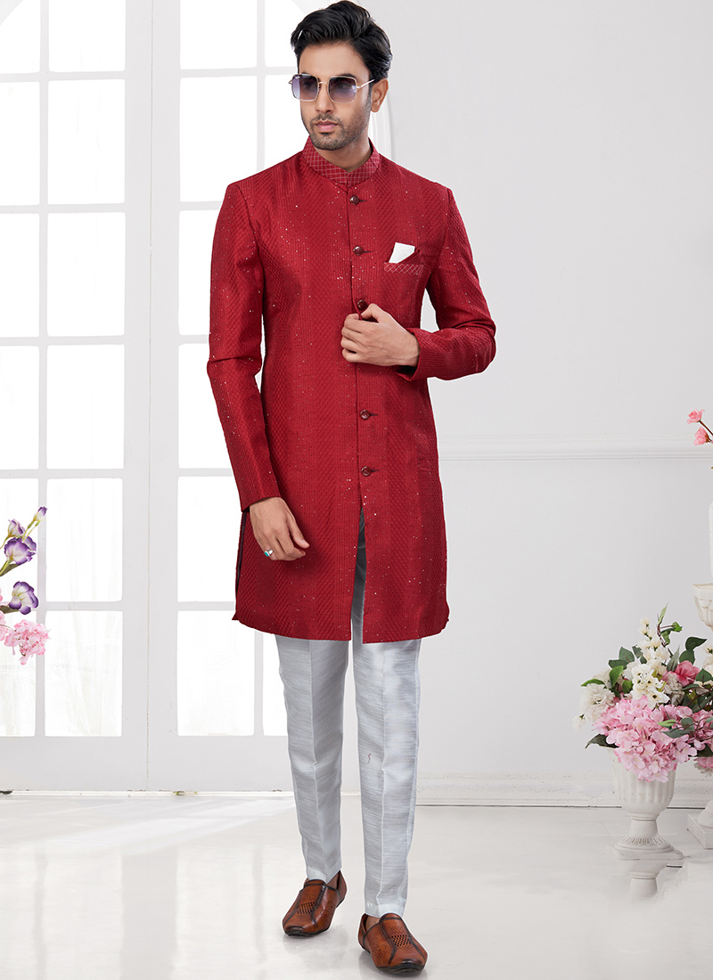 Celebrate In Grace Maroon Silk Embroidered Sequins Indowestern Sherwani