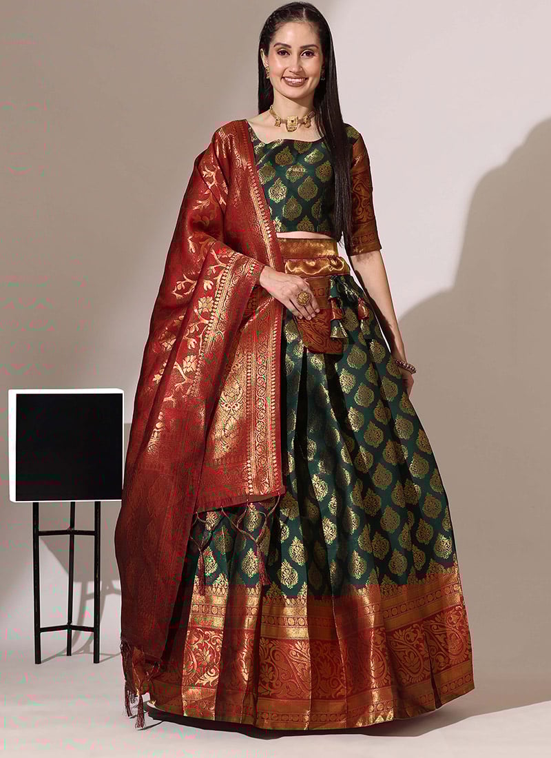 Celebrate In Style With Green Litchi Silk Jacquard Lehenga Festive Wear