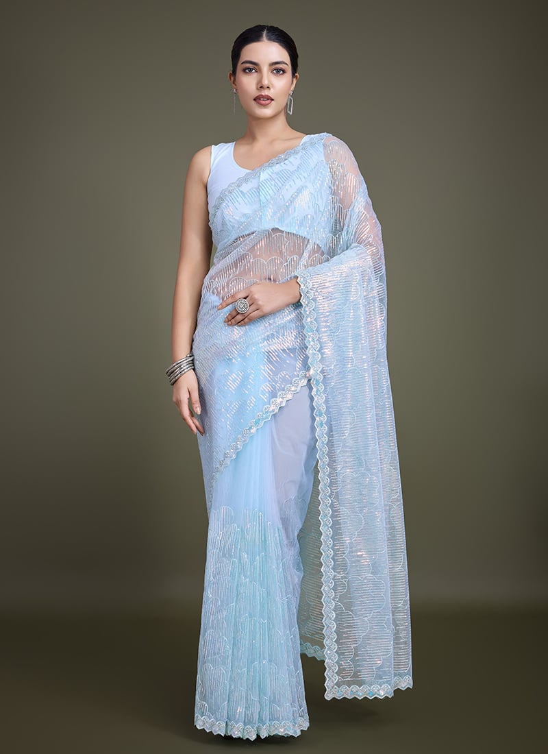 Celebrate In Style With Sky Blue Net Embroidered Sequins Saree Festive Wear