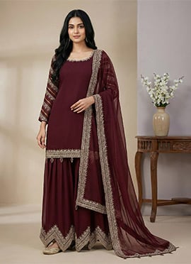 Celestial Maroon Faux Georgette Embroidered Palazzo Suit
