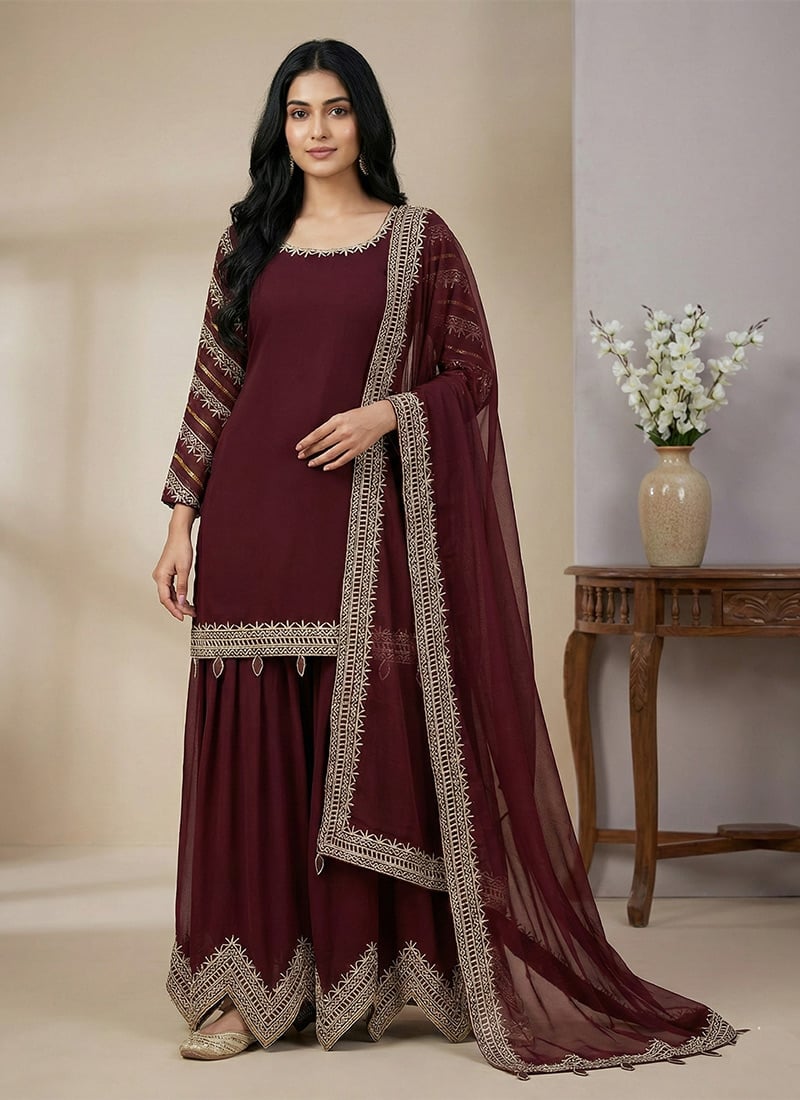 Celestial Maroon Faux Georgette Embroidered Palazzo Suit Festive Wear