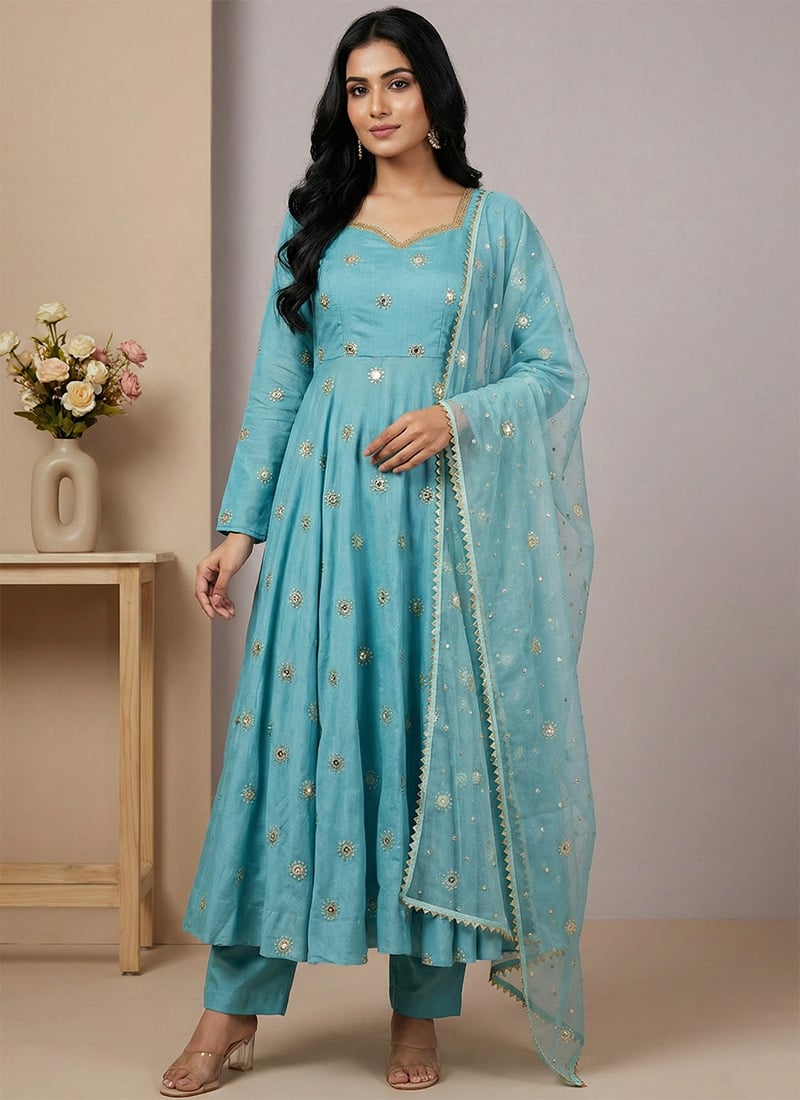 Celestial Sky Blue Vichitra Silk Embroidered Sequins Anarkali Suit Festive Wear