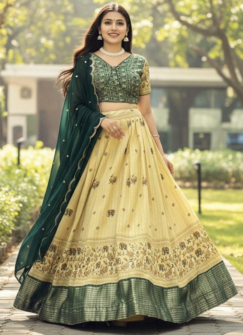 Celestial Yellow Polyester Silk Kalamkari Print Embroidered Sequins Umbrella Lehenga Festive Wear