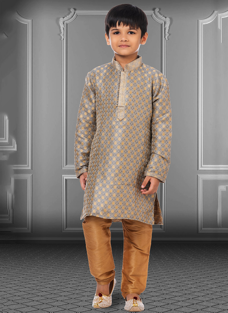 Cement Grey Jacquard Silk Boys Kurta Pyjama  Party Wear