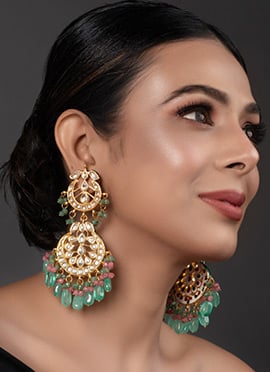 Chaand Bali In Green With Meenakari Kundan And Bead Work