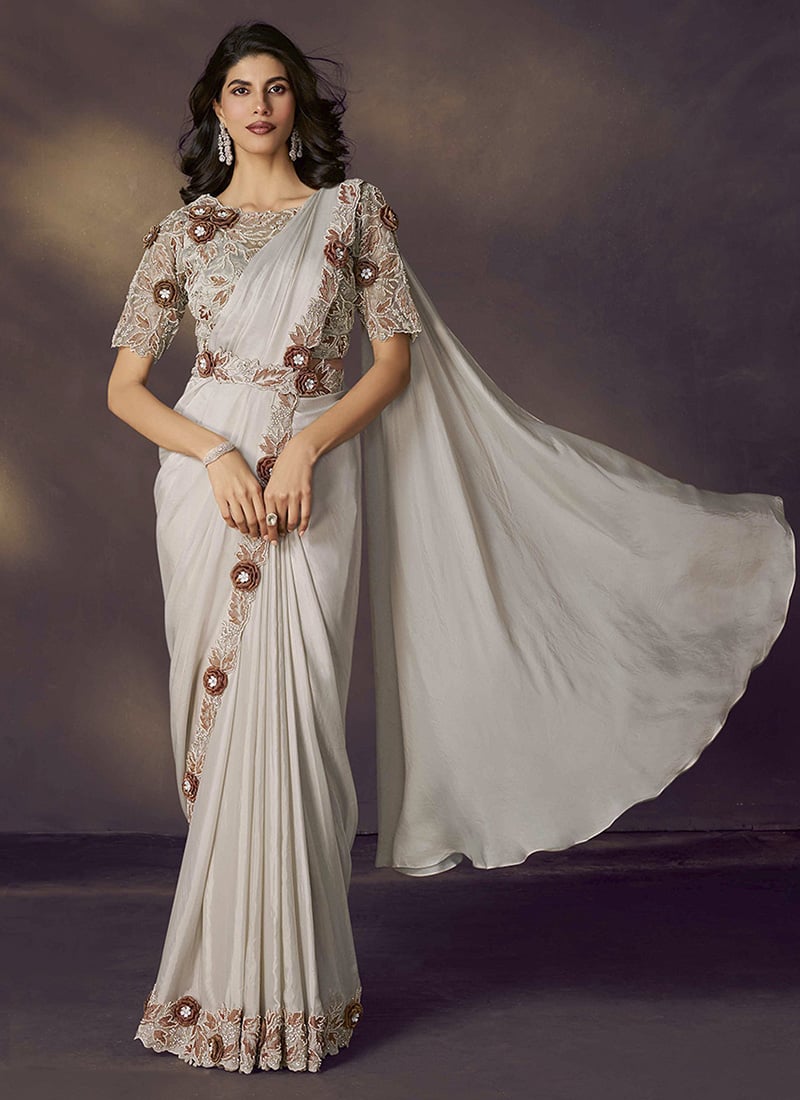 Chalk Grey Satin Silk Hand Embroidered Pre Draped Saree Wedding Wear