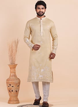 Champagne Beige Viscose Silk Embroidered Kurta Pyjama For Men