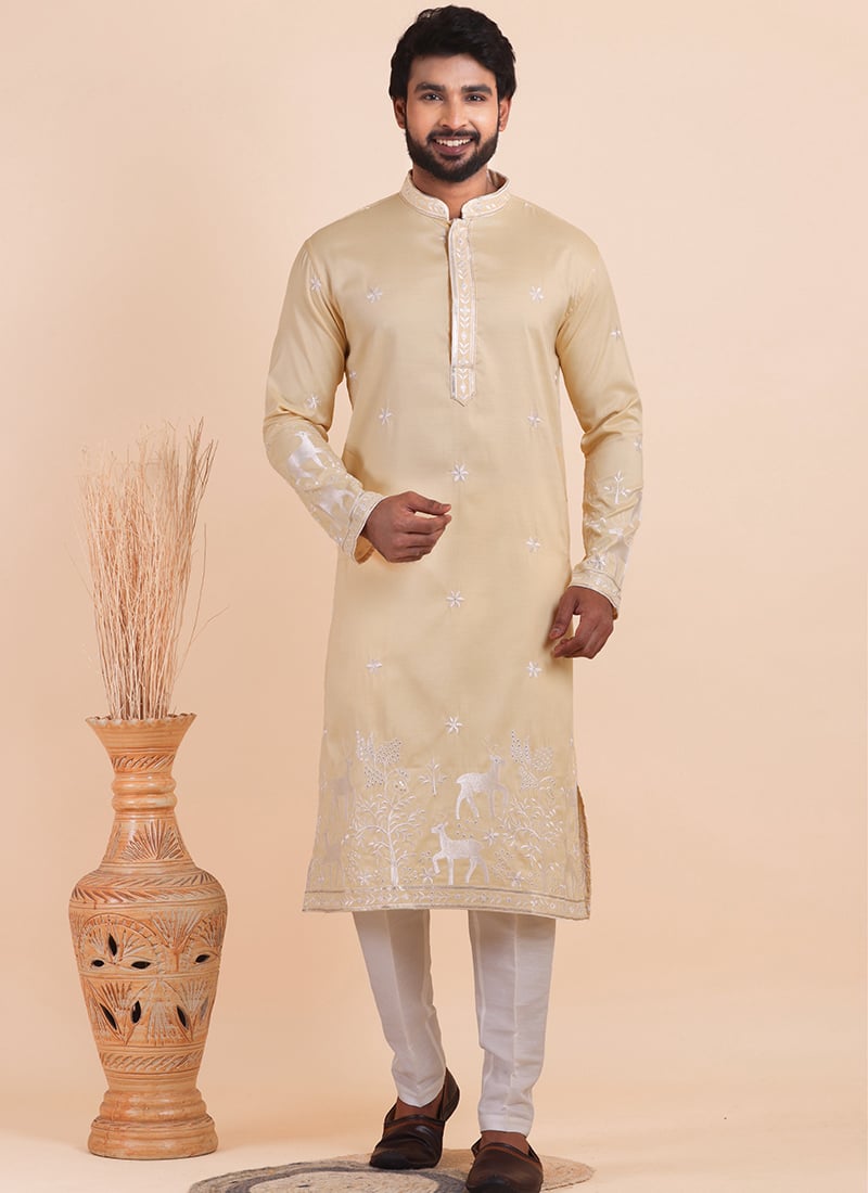 Champagne Beige Viscose Silk Embroidered Kurta Pyjama For Men Festive Wear