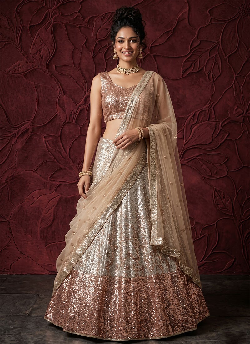 Champagne Gold Butterfly Soft Net Sequins Lehenga Wedding Wear