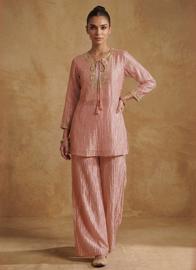 Champagne Gold Salsa Tissue Zari Pearl Hand Embroidered Kurta Palazzo Set Festive Wear