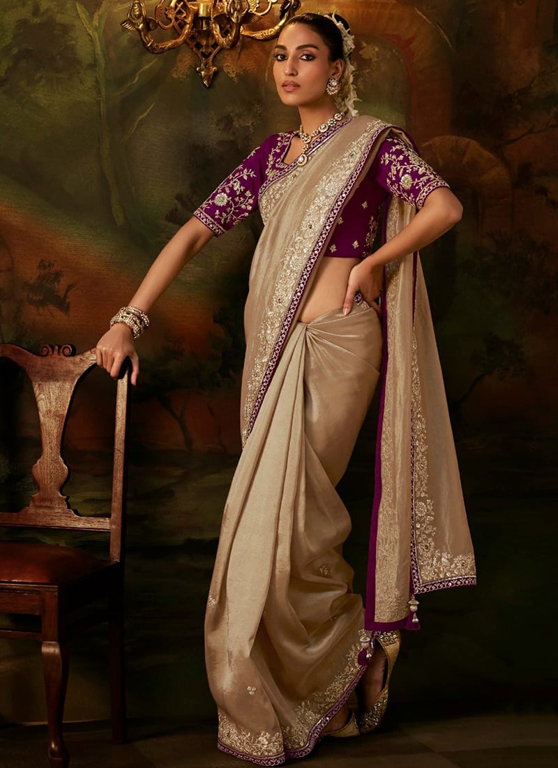 Champagne Gold Viscose Zari Tissue Heavy Embroidered Sequins Stone Saree Wedding Wear
