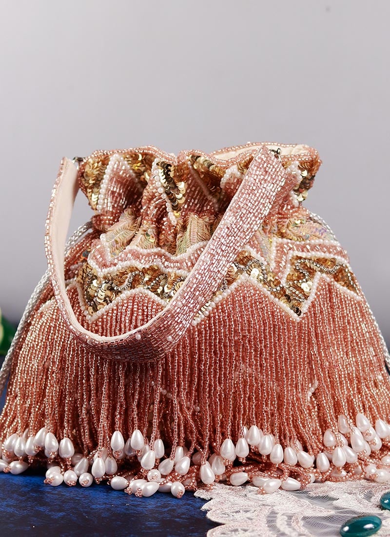 Champagne Velvet Cut Dana Potli Embossed With Beads And Moti Party Wear