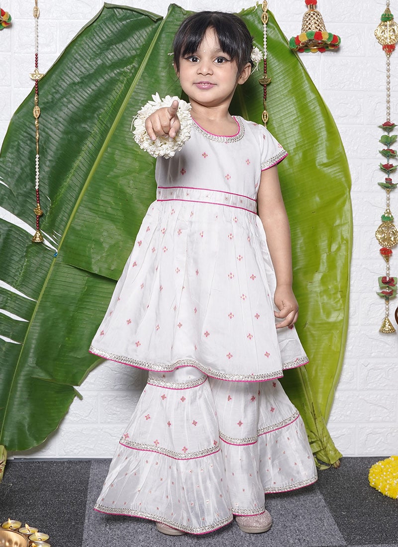 Chanderi In Off White Zari Lace Kids Girls Sharara Suit Festive Wear